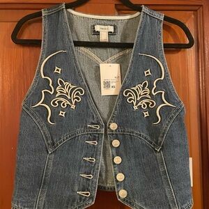 Embroidered Denim Vest with White Accents